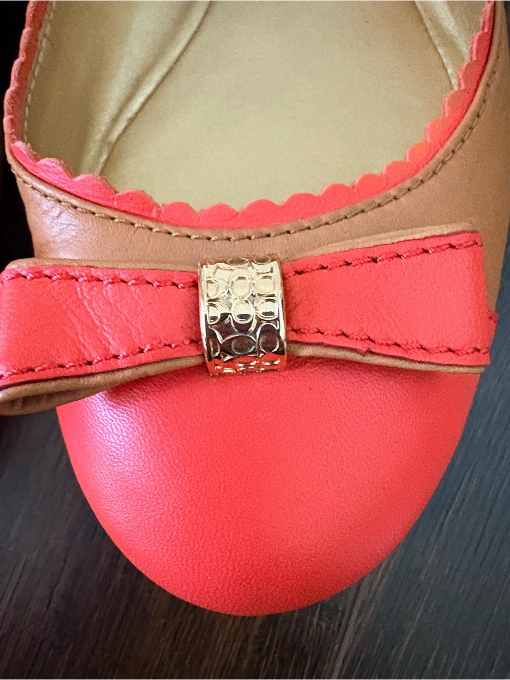 Coach Colorblock Leather Ballet Flats Coral Pink & Tan Bow Shoes Size 36 - Picture 4 of 15